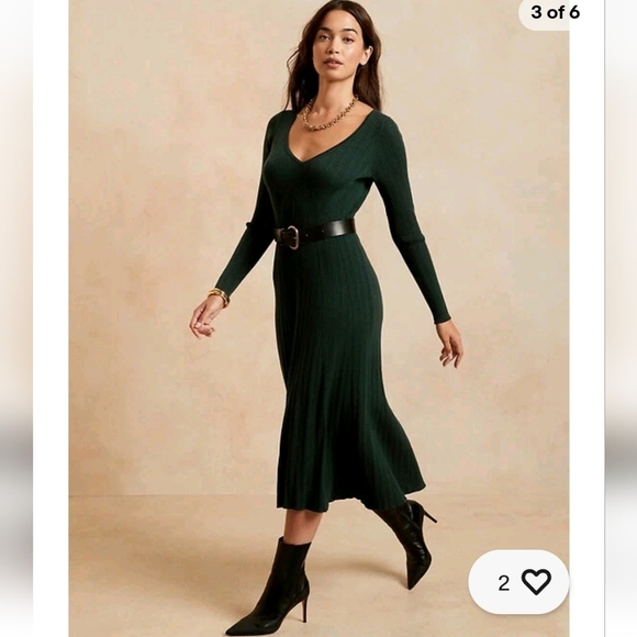 NWT Banana Republic Black Long Sleeve V-neck Ribbed Knit Midi Dress XS LBD - Picture 1 of 10